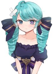 1girl bandaid bandaid_on_head bare_shoulders black_bow bow breasts collarbone dress drill_hair green_eyes green_hair gwen_(league_of_legends) hair_bow highres league_of_legends long_hair looking_at_viewer medium_breasts smile solo twin_drills twintails yua_(bokubo0806) rating:Sensitive score:4 user:danbooru