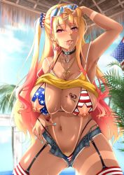 1girl accessory_tan adjusting_hair american_flag american_flag_bikini american_flag_legwear american_flag_print american_flag_scrunchie armpits bikini bikini_under_clothes black_collar blonde_hair blonde_pubic_hair blue_nails blurry blush breast_tattoo breasts cleavage clothes_lift collar colored_pubic_hair cowboy_shot cutoffs dark-skinned_female dark_skin day denim denim_shorts depth_of_field earrings eyewear_on_head female_pubic_hair flag_print garter_straps gluteal_fold gradient_hair ground_zero hand_in_own_hair heart heart_earrings heart_tattoo highleg highleg_bikini highres jewelry large_areolae large_breasts long_hair looking_at_viewer micro_shorts multicolored_hair nail_polish navel necklace nipple_bar nipple_cutout nipple_piercing nippleless_bikini nippleless_clothes nipples one_side_up open_clothes open_fly open_shorts outdoors piercing pink_eyes pink_hair print_bikini pubic_hair pubic_hair_peek puffy_nipples revealing_clothes saliva scrunchie shatte_judevesten shirt_lift short_shorts shorts sky slingshot_tan solo standing star_cutout sun sunglasses super_robot_wars super_robot_wars_x-omega swimsuit tan tanline tattoo thighhighs tongue tongue_out unbuttoned very_long_hair zerogura rating:Questionable score:210 user:danbooru