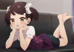  1girl absurdres arm_support ass barefoot becky_blackbell bike_shorts brown_hair couch feet female_focus full_body hands_on_own_face highres ikazu401 indoors legs looking_at_viewer lying on_couch on_stomach open_mouth solo spy_x_family the_pose thighs toes twintails yellow_eyes  rating:Sensitive score:229 user:spk