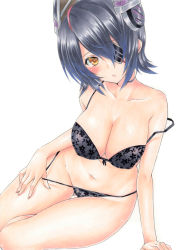 1girl arm_support black_bra black_hair black_panties bra breasts cleavage closed_mouth collarbone eyepatch head_tilt headgear kantai_collection large_breasts leaning_to_the_side marker_(medium) navel panties panty_pull pulling_own_clothes ren_(endscape20) shiny_skin short_hair simple_background sitting solo stomach strap_slip tenryuu_(kancolle) thighs traditional_media underwear underwear_only white_background yellow_eyes rating:Questionable score:8 user:danbooru