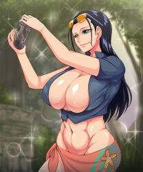  1girl breasts cleavage dildo female_focus fishneak highres huge_breasts navel nico_robin one_piece sex_toy solo tagme 
