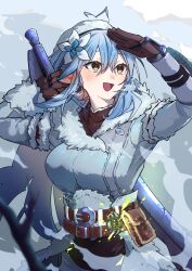  1girl aasu_(mhgbh510) absurdres ahoge alternate_costume arm_guards belt belt_pouch blue_coat blue_hair blush breasts brown_belt brown_gloves coat colored_tips commentary cowboy_shot direwolf_(armor) double-parted_bangs ear_blush flower fur-trimmed_coat fur_hat fur_trim gloves greatsword hair_between_eyes hair_flower hair_ornament hat highres holding holding_weapon hololive light_blue_hair long_hair looking_afar medium_breasts monster_hunter monster_hunter:_world monster_hunter_(series) multicolored_hair open_mouth over_shoulder pointy_ears pouch smile solo standing sword symbol-only_commentary two-tone_hair virtual_youtuber weapon weapon_over_shoulder white_hat winter_clothes winter_coat yellow_eyes yukihana_lamy 