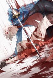  2boys absurdres bishounen bleeding blood blood_from_mouth blood_on_clothes blood_on_face blood_on_hands blood_splatter bloody_weapon blue_coat blue_eyes brothers closed_mouth coat dante_(devil_may_cry) devil_may_cry devil_may_cry_(series) devil_may_cry_3 e_(h798602056) fingerless_gloves gloves hair_slicked_back highres holding holding_sword holding_weapon katana male_focus multiple_boys siblings smile sword twins upper_body vergil_(devil_may_cry) weapon white_hair yamato_(sword) 