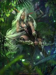  &gt;:| 1girl :| amulet archer_pose archery armband armlet armor arrow_(projectile) boots bow_(weapon) breasts bush cleavage closed_mouth collar copyright_name dagger dated elf eyebrows fingernails forest full_body glowing grass green_eyes highres jewelry kisuny_park knife large_breasts leaf legend_of_the_cryptids lips long_eyebrows long_hair looking_at_viewer nature necklace orc outdoors pauldrons plant pointy_ears quiver sheath shoulder_armor solo squatting thigh_boots thighhighs thighlet tiara v-shaped_eyebrows watermark weapon white_hair 