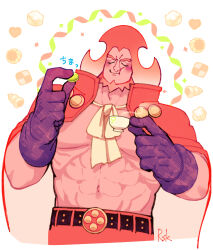  1boy abs bara beard blush charlotte_oven cheek_bulge coat coat_on_shoulders cowboy_shot cropped_legs cup eating facial_hair food food-themed_background forked_eyebrows full_beard gloves happy highres huge_pectorals large_hands male_focus mochi muscular muscular_male navel no_nipples no_shirt one_piece rsk_rasukuman short_hair solo standing strongman_waist teacup thick_beard thick_eyebrows 