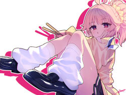  1girl ahoge ass black_footwear black_skirt blue_archive blush drumsticks fingernails halo holding holding_drumsticks ima_(lm_ew) jacket long_hair long_sleeves loose_socks natsu_(band)_(blue_archive) natsu_(blue_archive) official_alternate_costume parted_lips pink_hair pink_halo pleated_skirt red_eyes shoes signature simple_background skirt socks solo white_background white_socks yellow_jacket 