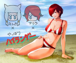  1girl 2others animal_ears arm_support au_ra barefoot beach bikini blue_sky breasts cat_ears check_translation chibi cleavage cloud cloudy_sky commentary_request crying dragon_horns earclip eyelashes final_fantasy final_fantasy_xiv fingernails full_body grey_hair grin hair_over_one_eye hand_on_ground hand_on_own_hip horizon horns hyur ishii-ken large_breasts leaning_to_the_side light_rays long_hair looking_at_viewer low-tied_long_hair miqo&#039;te multiple_others navel o-ring_strap ocean one_eye_covered projected_inset red_bikini red_eyes red_hair sand short_hair sitting sky smile striped_bikini striped_clothes sunbeam sunlight swept_bangs swimsuit tears thighs translation_request two-tone_bikini white_bikini yokozuwari 