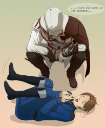 2boys =_= assassin&#039;s_creed assassin&#039;s_creed_(series) assassin&#039;s_creed_ii axis_powers_hetalia boots brown_hair cape crossover english_text epic ezio_auditore_da_firenze food gb_(doubleleaf) hard-translated hood lying multiple_boys northern_italy_(hetalia) pizza smile squatting third-party_edit translated vambraces rating:Sensitive score:63 user:danbooru