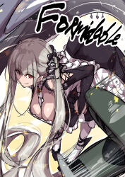  1girl absurdres aircraft azur_lane bent_over between_breasts black_dress breasts character_name cleavage closed_mouth dress flight_deck formidable_(azur_lane) frilled_dress frills gothic_lolita grey_hair hair_ribbon highres large_breasts lolita_fashion long_hair oriue_wato red_eyes ribbon rigging sketch smile solo twintails two-tone_dress very_long_hair white_dress 