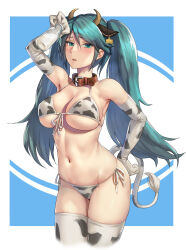  1girl animal_collar animal_ears blush breasts cleavage collar cow_ears cow_horns cow_tail cowboy_shot green_eyes green_hair groin highres horns isuzu_(kancolle) kantai_collection kokuzou large_breasts long_hair navel open_mouth solo tail thighhighs twintails white_thighhighs 