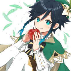  1boy apple beret black_bow black_hair blue_hair bow braid cape closed_mouth collared_shirt commentary_request cowboy_shot feathers flower food frilled_sleeves frills fruit genshin_impact gradient_hair green_cape green_eyes green_hat hair_between_eyes hair_ornament hat hat_flower holding holding_food holding_fruit long_sleeves looking_at_viewer male_focus multicolored_hair panri pantyhose shirt sidelocks sitting smile solo twin_braids venti_(genshin_impact) white_background white_flower white_pantyhose  rating:General score:8 user:danbooru