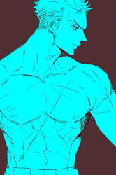  1boy abs aqua_theme daken_(zorosan_lover) highres light_frown long_sideburns looking_to_the_side male_focus multiple_monochrome muscular muscular_male nipples one_piece profile roronoa_zoro short_hair sideburns solo standing stomach topless_male tsurime upper_body 
