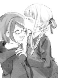  2girls ^_^ blazer blunt_bangs bow bowtie braid closed_eyes coattails collared_jacket collared_shirt commentary_request cowboy_shot danganronpa danganronpa_(series) danganronpa_kirigiri eyelashes from_side glasses greyscale hair_over_shoulder hair_ribbon hand_on_another&#039;s_shoulder hood hood_down hooded_jacket jacket kirigiri_kyoko kiss kissing_forehead layered_sleeves light_blush long_hair long_sleeves monochrome multicolored_hair multiple_girls no+bi= open_mouth pleated_skirt ribbon samidare_yui shirt short_hair sidelocks single_braid skirt smile straight_hair streaked_hair teeth upper_body upper_teeth_only white_background yuri 