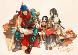  3boys aged_down blue_hair book brown_footwear dual_persona facial_mark fire_emblem fire_emblem:_radiant_dawn fire_emblem_heroes forehead_mark gauntlets greatsword holding holding_book ike_(fire_emblem) long_hair low_ponytail multiple_boys muscular muscular_male nanathuika nintendo official_alternate_costume ponytail ragnell red_scarf robe sandals scarf short_hair single_bare_shoulder soren_(fire_emblem) soren_(radiant_confidant)_(fire_emblem) sword very_short_hair weapon white_background white_robe 