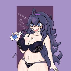  bottle bra breasts creatures_(company) game_freak hex_maniac_(pokemon) highres huge_breasts lavtheghost lingerie milk_bottle nintendo pokemon simple_background thick_thighs thighs thigs underwear  rating:Questionable score:9 user:LavTheGhost