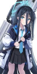  1girl absurdly_long_hair aris_(blue_archive) bag_(chrko_bag) black_hair black_hairband black_skirt blue_archive blue_eyes blue_halo blue_necktie blush closed_mouth collared_shirt feet_out_of_frame hairband halo highres jacket long_hair long_sleeves looking_at_viewer necktie one_side_up open_clothes open_jacket pleated_skirt shirt simple_background skirt smile solo very_long_hair white_background white_jacket white_shirt 