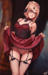  1girl artist_name au_ra warrior_of_light_(ff14) bare_shoulders black-framed_eyewear black_choker black_garter_straps blonde_hair blurry blurry_background braid breasts choker cleft_of_venus clothes_lift crown_braid dress dress_lift final_fantasy final_fantasy_xiv fishnet_thighhighs fishnets garter_straps glasses gluteal_fold highres horns lifting_own_clothes lips looking_away medium_breasts no_panties parted_lips personal_ami pussy red_dress red_eyes scales short_hair side_braid single_braid skirt skirt_lift sleeveless smile solo thigh_gap thighhighs uncensored  rating:Explicit score:242 user:danbooru