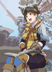  1girl black_pants book brown_eyes brown_hair cowboy_shot feathers fingerless_gloves gloves goggles goggles_on_head handler_(monster_hunter_world) highres monster_hunter monster_hunter:_world monster_hunter_(series) nigou open_mouth pants sitting solo sweater turtleneck turtleneck_sweater updo vest yellow_vest 