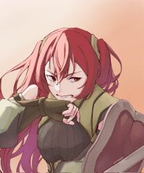  1girl artist_name brown_gloves commentary detached_sleeves english_commentary fingerless_gloves fire_emblem fire_emblem_awakening gloves hair_between_eyes highres holding holding_shield long_hair looking_to_the_side nintendo pinwheejin red_eyes red_hair severa_(fire_emblem) shield solo twintails upper_body 