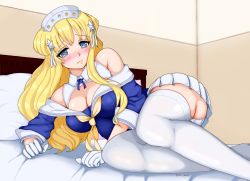  1girl ass blonde_hair blue_eyes breasts confused fletcher_(kancolle) gloves groin hair_ornament indoors kantai_collection kneehighs large_breasts long_hair looking_at_viewer lying miniskirt on_bed on_side panties sailor_collar school_uniform serafuku shin_(artist) skirt socks thighhighs thighs underwear 