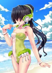  1girl artist_request beach black_hair casual_one-piece_swimsuit food hair_over_eyes highres kyoukaisenjou_no_horizon mukai_suzu one-piece_swimsuit popsicle see-through swimsuit tagme transparent 