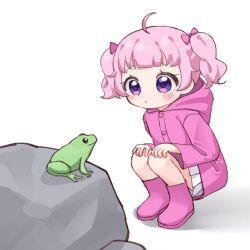  1girl :o aged_down ahoge aozora_himari blunt_bangs boots bow coat commentary_request frog full_body hair_bow hands_on_own_knees himitsu_no_aipri hood hood_down long_sleeves looking_at_animal open_mouth pink_bow pink_coat pink_footwear pink_hair pleated_skirt pq_(pq_owo) pretty_series purple_eyes raincoat rock short_hair simple_background skirt solo squatting twintails white_background white_skirt 