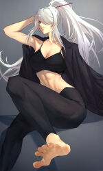  1girl abs absurdres amputee aoki_touji barefoot black_coat black_leggings black_sports_bra breasts cartagra cleavage coat evil_grin evil_smile fanged_bangs feet foot_out_of_frame grey_background grin hair_ornament hair_over_one_eye high_ponytail highres innocent_grey jacket jacket_on_shoulders kanzashi knee_up large_breasts leggings legs long_bangs long_hair looking_at_viewer madoro_q midriff missing_limb ponytail red_eyes simple_background sitting smile soles solo sports_bra spread_toes swept_bangs toes toned very_long_hair white_hair 