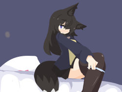  1girl animal_ears azaminn big_o_pants black_skirt blush brown_hair brown_thighhighs fox_ears fox_girl fox_tail frown highres jacket long_hair on_bed panties panty_pull pleated_skirt purple_eyes simple_background skirt striped_clothes striped_panties tail thighhighs underwear 