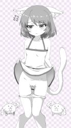  1girl animal_ear_fluff animal_ears blood blush cat_(nyanko_daisensou) cat_ears cat_tail cleft_of_venus clothes_lift gluteal_fold greyscale groin hayashiya_zankurou highres lifted_by_self monochrome neneko nosebleed nyanko_daisensou open_mouth panties panty_pull pussy simple_background skirt skirt_lift solo_focus tail underwear 