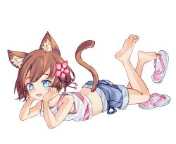  1girl animal_ears barefoot blue_eyes brown_hair cat_ears cat_tail chaosexceed feet flip-flops highres light_blush looking_at_viewer lying medium_hair on_stomach open_mouth original sandals shoe_dangle soles tail the_pose toes 