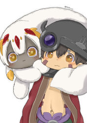  1boy 1girl auchu_jin bodypaint brown_hair cape chibi child closed_mouth dark-skinned_female dark_skin extra_arms fake_horns faputa furry green_shorts hair_between_eyes helmet highres horned_headwear horned_helmet horns light_blush looking_at_viewer made_in_abyss multicolored_clothes multicolored_shorts multiple_tails navel orange_eyes pointy_ears purple_shorts red_cape regu_(made_in_abyss) robot shorts tail topless_male white_background white_fur white_hair yellow_eyes 