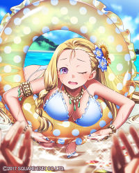  1girl absurdly_long_hair antenna_hair armlet asymmetrical_bangs asymmetrical_hair beach bent_over bikini blonde_hair blue_nails blurry blurry_foreground braid breast_rest breasts cleavage collarbone copyright_notice diffraction_spikes fingernails flower forehead frilled_bikini frills gold hair_behind_ear hair_flower hair_ornament halterneck hm_(tolosalmon) innertube isis_(venus_rumble) jewelry large_breasts light_blush long_fingernails long_hair looking_at_viewer nail_polish necklace o-ring o-ring_bikini ocean one_eye_closed open_mouth outdoors polka_dot pov pov_hands purple_eyes see-through sky swim_ring swimsuit tearing_up toenail_polish toenails venus_rumble very_long_hair  rating:Sensitive score:4 user:Allby