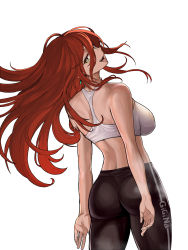  1girl absurdres ass breasts chroong from_behind green_eyes highres large_breasts long_hair looking_back multicolored_eyes pants red_eyes red_hair shut_hell shut_hell_(character) solo sports_bra tongue tongue_out yoga_pants 