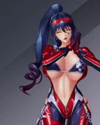  1girl 3d action_taimanin alternate_costume animated biker_clothes bikesuit bikini bikini_under_clothes blue_hair bodysuit breasts cleavage curvy gloves hair_ornament hairclip hand_on_own_hip high_ponytail huge_breasts lilith-soft lips long_hair looking_at_viewer official_alternate_costume open_clothes ponytail race_queen ryona screencap shiny_clothes simple_background smile sound sunglasses_on_head swimsuit tagme taimanin_(series) talking uehara_rin very_long_hair video wide_hips 