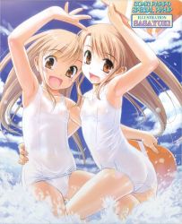  2girls armpits ass blush brown_eyes brown_hair day flat_chest highres kickboard loli long_hair multiple_girls ocean one-piece_swimsuit open_mouth original outdoors sasayuki school_swimsuit see-through siblings sisters sky smile swimsuit twins wet white_one-piece_swimsuit white_school_swimsuit  rating:Questionable score:23 user:danbooru