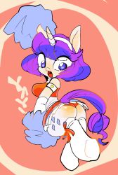  1girl armlet ass blue_eyes bob_cut cheerleader denchuu_(aniki29) furry looking_back looking_down my_little_pony my_little_pony:_friendship_is_magic open_mouth orange_background panties pleated_skirt pom_pom_(cheerleading) purple_hair rarity_(my_little_pony) short_hair skirt solo thick_thighs thighhighs thighs underwear wide_hips 