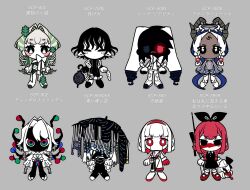  6+others black_bow black_dress black_eyes black_skin bow braid chibi colored_skin dress drill_hair green_eyes green_hair grey_background hair_bow hairband halo hat heterochromia highres horns long_hair looking_at_viewer low_twin_braids multicolored_eyes multicolored_hair multiple_others personification red_eyes red_hair red_hairband scp-001_(spiral_path) scp-001_(tindalos_trinity) scp-3000 scp-3001 scp-3999 scp-500 scp-7000 scp-8900-ex scp_foundation simple_background socks spiked_halo streaked_hair swastika twin_braids twin_drills vat0uq very_long_hair white_hair white_socks 