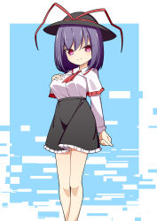 1girl black_hat black_skirt blue_background breasts capelet commentary_request feet_out_of_frame hand_on_own_chest hat hekkmushi highres large_breasts looking_at_viewer medium_breasts nagae_iku purple_eyes purple_hair red_eyes red_pupils short_hair skirt solo touhou white_capelet