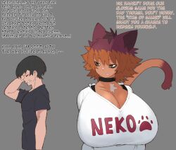  1boy 1girl animal_ear_fluff animal_ears animal_nose bags_under_eyes black_hair body_fur bra_strap breasts brown_hair cat_ears cat_girl cat_tail clothes_writing commentary dark-skinned_female dark_skin english_commentary english_text fang grey_background highres huge_breasts long_tail multicolored_hair original short_hair split-color_hair sweater tail v-neck vammzu variant_set white_sweater yellow_eyes 