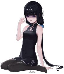1girl alternate_costume arm_support bad_id bad_pixiv_id bare_shoulders black_dress black_hair blend_s blunt_bangs china_dress chinese_clothes covered_navel cum cum_on_hair cum_on_hands dress facial full_body hair_bobbles hair_ornament hwayoung long_hair low_twintails pantyhose purple_eyes sakuranomiya_maika shaded_face sitting solo twintails very_long_hair wariza white_background rating:Explicit score:29 user:danbooru