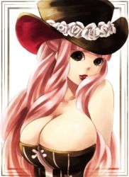  1girl bare_shoulders breasts cleavage female_focus flower hat large_breasts lipstick long_hair makeup one_piece perona pink_hair rose sabaody_archipelago solo top_hat  rating:Sensitive score:35 user:5t6