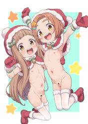  2girls arched_bangs armpits arms_up banned_artist bar_censor bell blunt_bangs blush boots bow bowtie brown_hair capelet censored cleft_of_venus cowbell female_focus flat_chest full_body fur-trimmed_boots fur-trimmed_capelet fur-trimmed_headwear fur-trimmed_mittens fur-trimmed_thighhighs fur_trim green_bow green_bowtie hair_bow hair_ornament hairclip hands_up highres ichihara_nina idolmaster idolmaster_cinderella_girls kanabun loli long_hair looking_at_viewer mittens multiple_girls navel neck_bell nipples nude open_mouth orange_hair pom_pom_(clothes) pussy red_capelet red_footwear red_headwear red_mittens round_teeth ryuzaki_kaoru santa_costume short_hair star_(symbol) star_hair_ornament teeth thighhighs white_thighhighs yellow_eyes  rating:Explicit score:167 user:hdk5