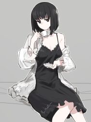  1girl absurdres black_eyes black_hair breasts cleavage closed_mouth collarbone commentary cup dress english_commentary expressionless frills grey_background highres holding jonyeld kuonji_alice long_sleeves looking_at_viewer mahou_tsukai_no_yoru medium_hair nightgown off_shoulder open_clothes saucer shirt short_hair single_bare_shoulder sitting sleeveless sleeveless_dress small_breasts solo teacup white_shirt  rating:Sensitive score:5 user:danbooru