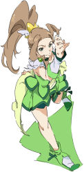  1girl arm_warmers brown_hair commentary_request cosplay crossover cure_march cure_march_(cosplay) full_body green_shorts green_skirt green_theme hair_ornament kikuma_kaya magical_girl ponytail precure shoes shorts shorts_under_skirt simple_background sketch skirt smile smile_precure! solo standing umanosuke wake_up_girls! wake_up_girls!_stage_no_tenshi white_background 