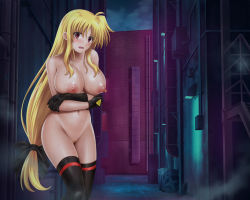  alley arms_under_breasts bardiche_(nanoha) black_gloves black_thighhighs blonde_hair blush breasts cyclone_(reizei) elbow_gloves embarrassed exhibitionism fate_testarossa female_pubic_hair gloves hair_ribbon highres large_breasts long_hair looking_at_viewer lyrical_nanoha mahou_shoujo_lyrical_nanoha_strikers navel night night_sky nipples nude open_mouth pubic_hair public_indecency public_nudity red_eyes ribbon sky solo star_(sky) starry_sky sweat tears thighhighs trash_can very_long_hair  rating:Questionable score:90 user:danbooru