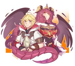  1boy 1girl absurdres ahoge ailheim asymmetrical_gloves black_gloves blonde_hair blush breasts brown_gloves dragalia_lost dragon_girl dragon_horns dragon_tail euden fang fingerless_gloves gloves green_eyes heart highres hood hood_down horns large_breasts looking_at_another mismatched_gloves mym_(dragalia_lost) open_mouth red_hair short_sleeves skin_fang smile sweatdrop tail twitter_username 