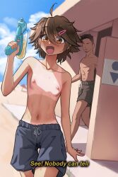  1boy 1girl :d absurdres ahoge beach black_male_swimwear blue_sky breasts brown_eyes brown_hair cloud commentary cowboy_shot english_commentary english_text hair_ornament hairclip highres holding holding_water_gun kyoko_(madaotheory) madaotheory male_swimwear male_swimwear_challenge navel nipples open_mouth original outdoors sky small_breasts smile subtitled sweat tan tanline toilet toilet_symbol topless water_gun 