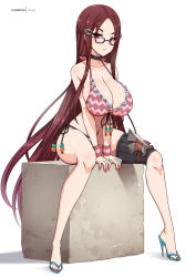  1girl bikini breasts choker cleavage front-tie_bikini_top front-tie_top glasses hair_ornament hairclip high_heels large_breasts long_hair minerva_victor nail_polish red_eyes red_hair senjou_no_valkyria_(series) senjou_no_valkyria_4 side-tie_bikini_bottom sitting solo swimsuit thighs very_long_hair virus-g  rating:Sensitive score:27 user:RIG