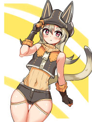  1girl adjusting_clothes adjusting_headwear animal_hat black_gloves black_hair black_hat black_shirt black_shorts cat_girl cat_hat cat_tail closed_mouth commentary cougar_(cougar1404) covered_navel cowboy_shot cropped_shirt dutch_angle fingerless_gloves frown gloves gluteal_fold gradient_hair grey_hair hat key_(cougar1404) leotard long_hair looking_at_viewer micro_shorts multicolored_hair orange_leotard orange_scarf original prototype_design red_eyes ribbed_leotard scarf shirt shorts sleeveless sleeveless_shirt solo standing tail thigh_gap thigh_strap zipper_pull_tab 