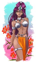  1girl bare_shoulders blue_background border breasts closed_mouth collarbone commentary_request dark-skinned_female dark_skin dragon_quest dragon_quest_iv eyelashes flower gradient_background highres jas_(jasjasjasart) long_hair manya_(dq4) medium_breasts navel one_eye_closed orange_eyes pelvic_curtain pink_background purple_hair red_flower smile solo standing thighlet two-tone_background white_border 